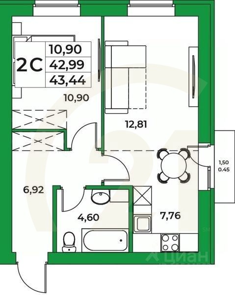 2-комн, 43,44 м²