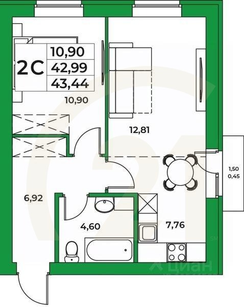 2-комн, 43,44 м²