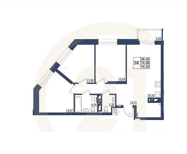 3-комн. квартира, 76,3 м²в ЖК «Космос»