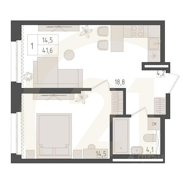 1-комн. квартира, 41,6 м²в ЖК «Новый Империал»