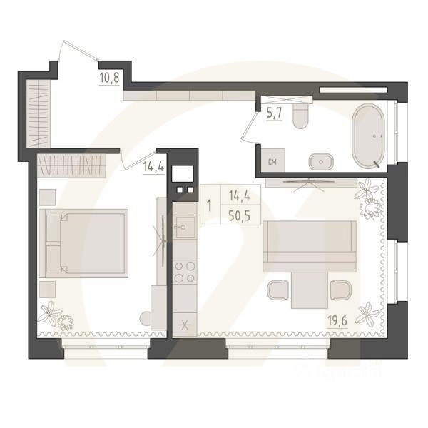 1-комн. квартира, 50,5 м²в ЖК «Новый Империал»