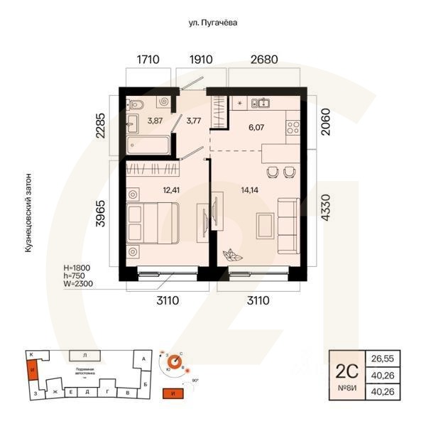 2-комн. квартира, 40,26 м²в ЖК «Первый остров»