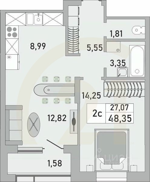 2-комн. квартира, 48,35 м²в ЖК «Платинум»