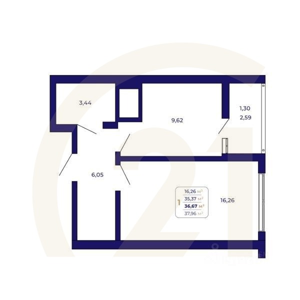 1-комн. квартира, 36,67 м²в ЖК «Паруса»