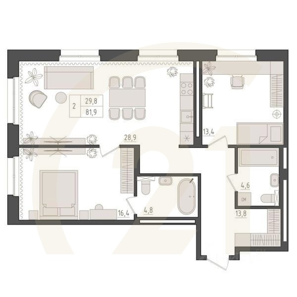 2-комн. квартира, 81,9 м²в ЖК «Новый Империал»