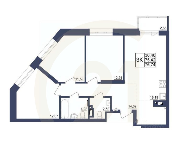 3-комн. квартира, 76,9 м²в ЖК «Космос»