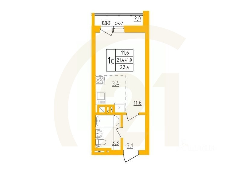 1-комн, 22,2 м²