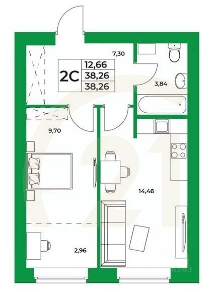 2-комн, 38,26 м²
