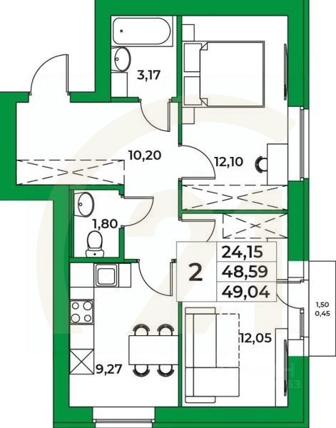 2-комн. квартира, 49,04 м²