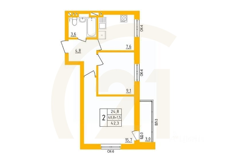 2-комн. квартира, 42,4 м²
