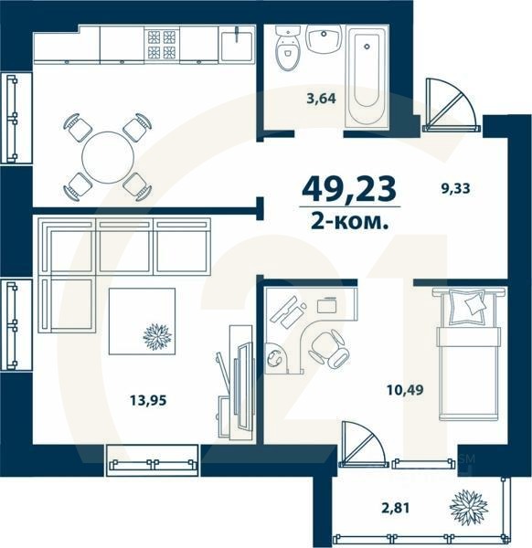 2-комн. квартира, 49,23 м²в ЖК «Город природы»