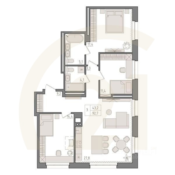 3-комн. квартира, 92,7 м²в ЖК «Новый Империал»