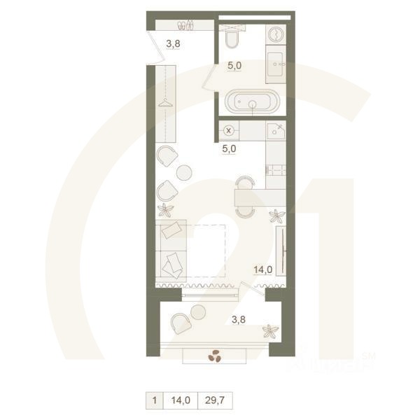 1-комн. квартира, 29,7 м²в ЖК «Квартал «Родина Парк»