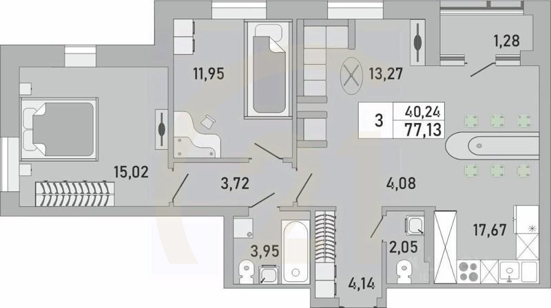 3-комн. квартира, 77,13 м²в ЖК «Платинум»