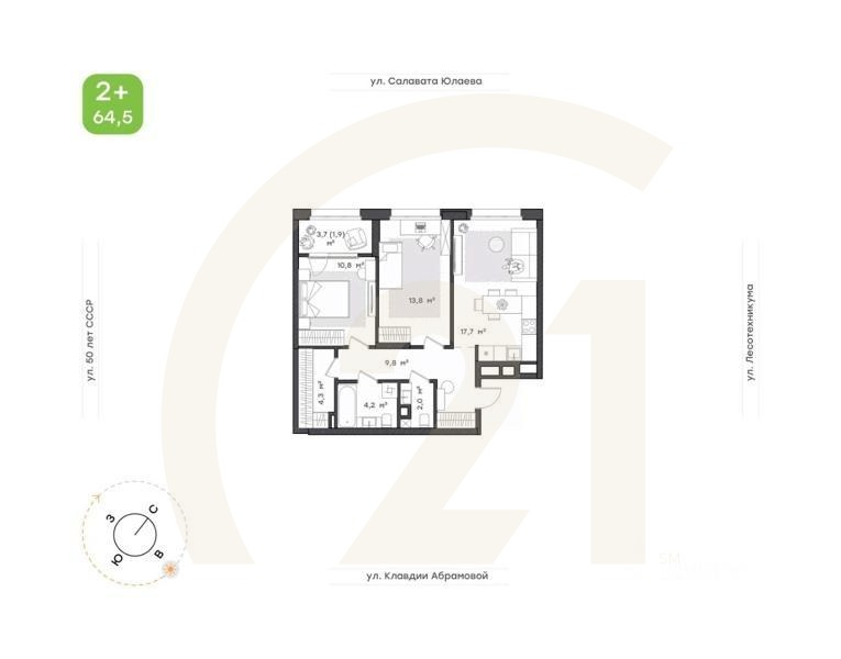 2-комн. квартира, 64,5 м²в ЖК «Бионика Парк»