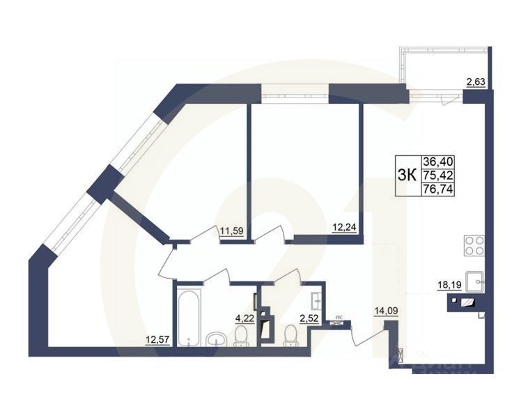 3-комн. квартира, 76,33 м²