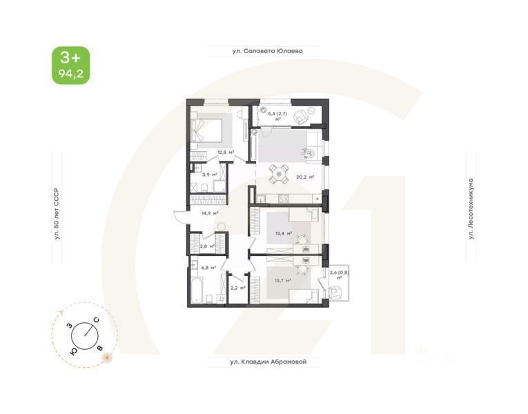 3-комн. квартира, 94,2 м²в ЖК «Бионика Парк»