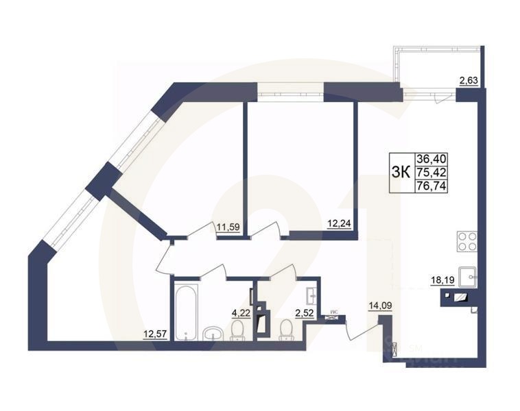 3-комн. квартира, 76,67 м²
