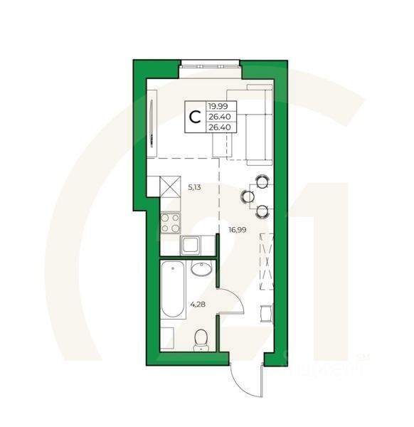 Студия, 26,4 м²