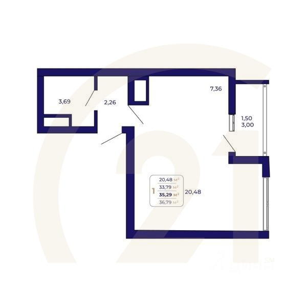1-комн. квартира, 35,29 м²в ЖК «Паруса»