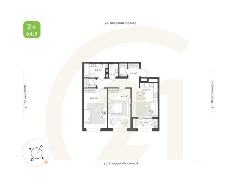 2-комн. квартира, 64,5 м²в ЖК «Бионика Парк»