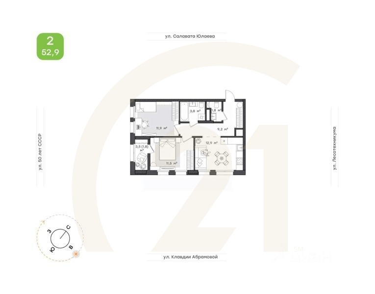 2-комн. квартира, 52,9 м²в ЖК «Бионика Парк»