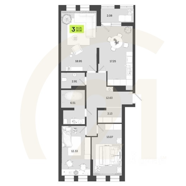 3-комн. квартира, 88,86 м²в ЖК «Новый Фамильный»