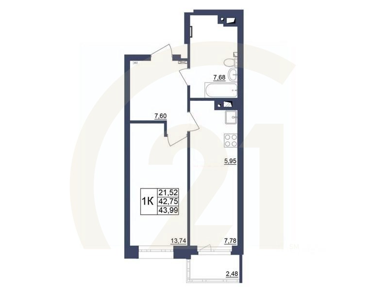 1-комн. квартира, 44,11 м²в ЖК «Космос»