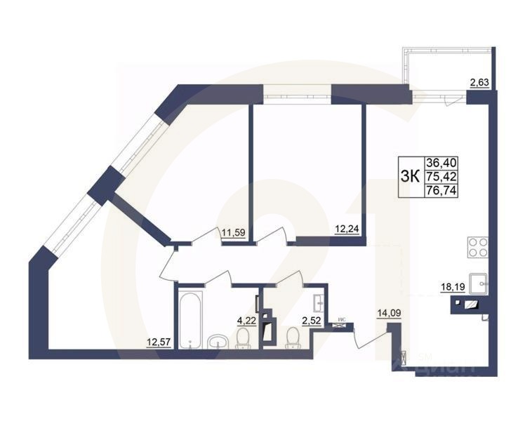 3-комн. квартира, 76,9 м²