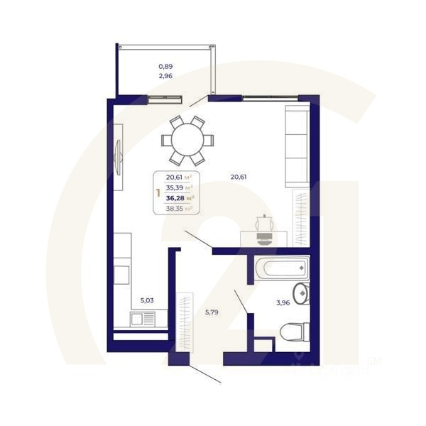 1-комн. квартира, 36,28 м²в ЖК «Паруса»