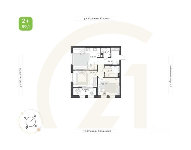 2-комн. квартира, 59,1 м²в ЖК «Бионика Парк»