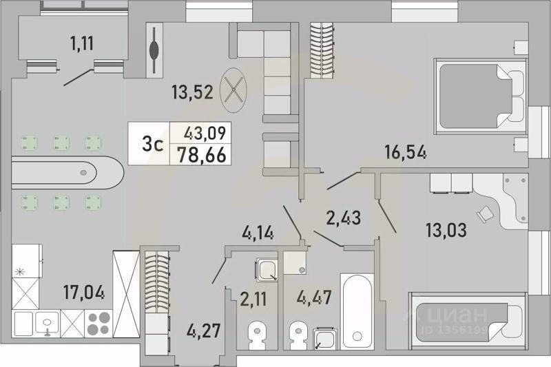 3-комн. квартира, 78,66 м²в ЖК «Платинум»