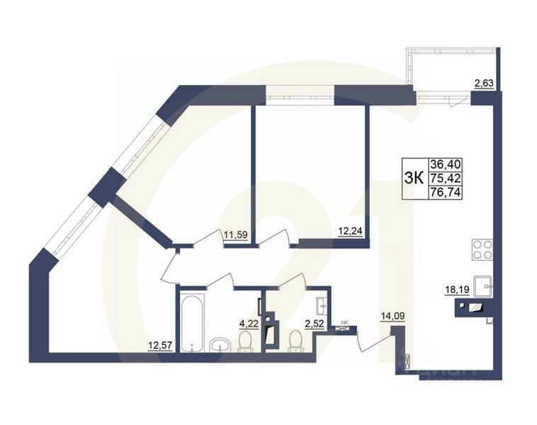 3-комн. квартира, 75,96 м²