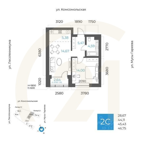 2-комн. квартира, 45,43 м²в ЖК «8 NEBO»