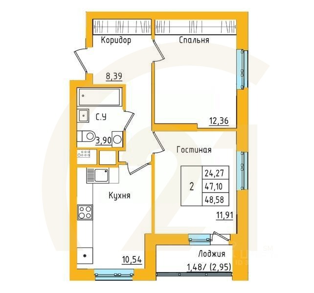 2-комн. квартира, 48,45 м²
