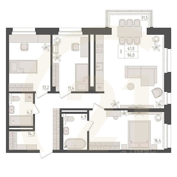 3-комн. квартира, 96 м²в ЖК «Новый Империал»