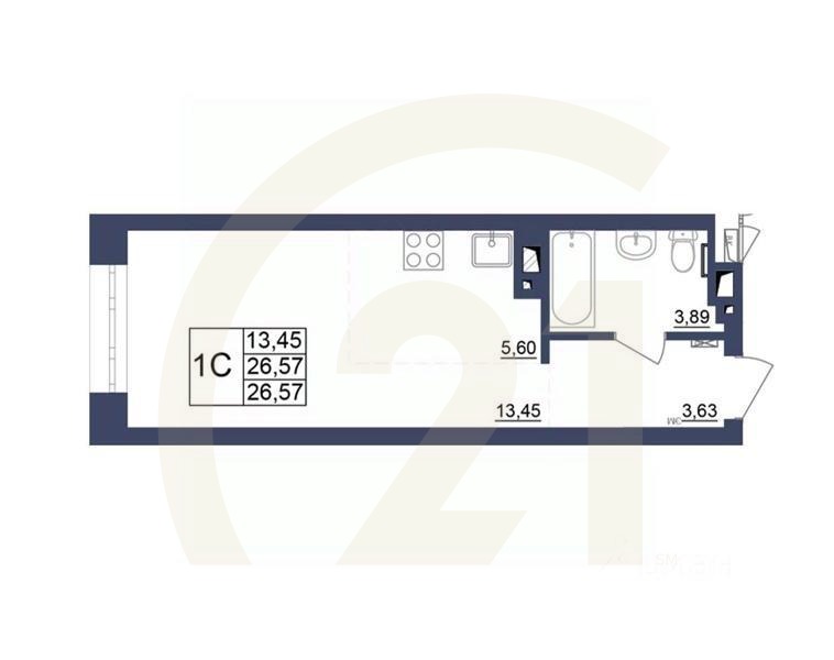 1-комн, 26,57 м²
