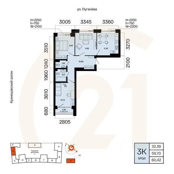 3-комн. квартира, 60,42 м²в ЖК «Первый остров»