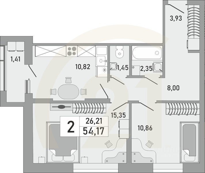 2-комн. квартира, 54,17 м²в ЖК «Платинум»