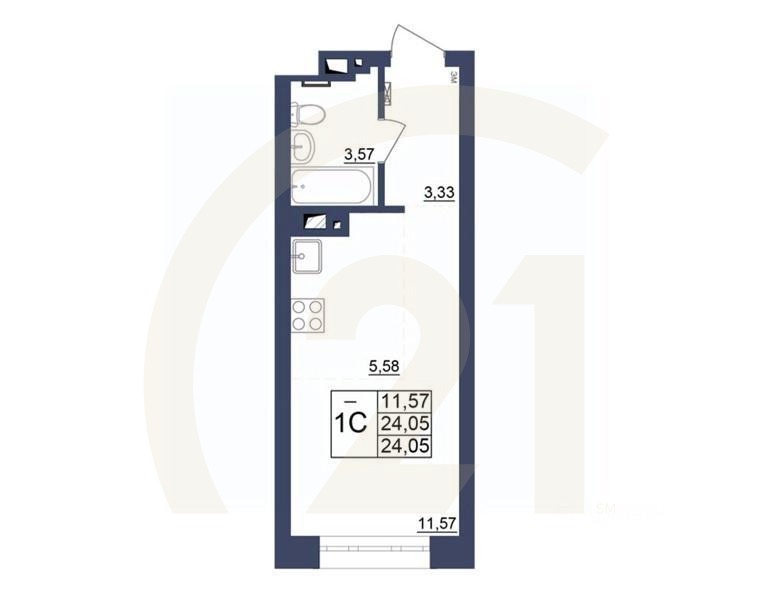 1-комн, 24,14 м²в ЖК «Космос»