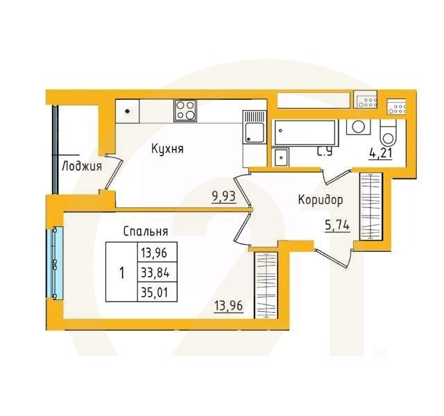 1-комн. квартира, 35,01 м²