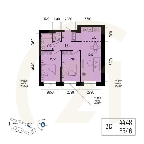 3-комн. квартира, 65,46 м²в ЖК «Новатор»