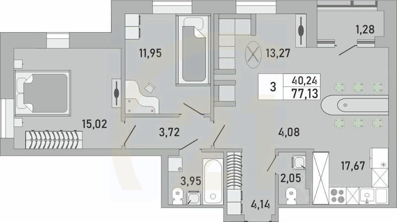 3-комн. квартира, 77,13 м²в ЖК «Платинум»