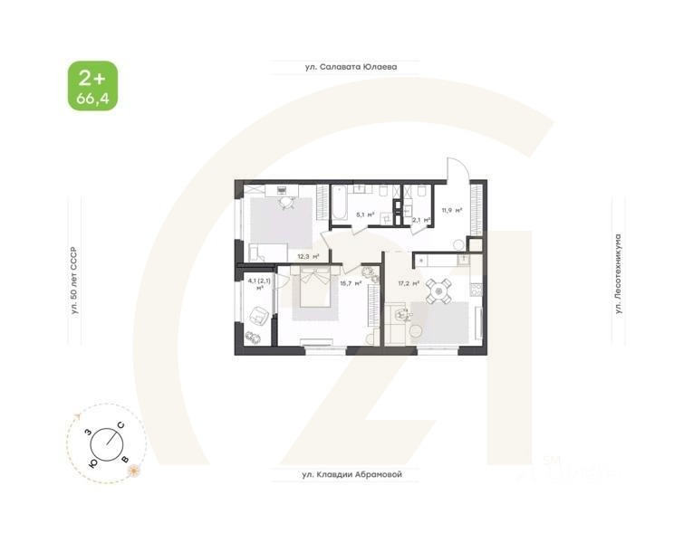 2-комн. квартира, 66,4 м²в ЖК «Бионика Парк»