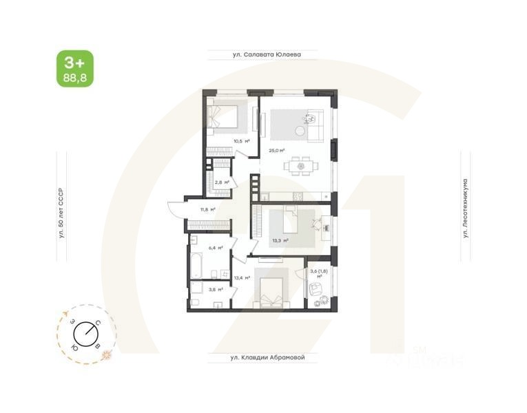 3-комн. квартира, 88,8 м²в ЖК «Бионика Парк»