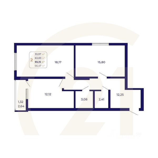 2-комн. квартира, 65,15 м²в ЖК «Паруса»