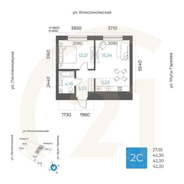 2-комн. квартира, 42,3 м²в ЖК «8 NEBO»