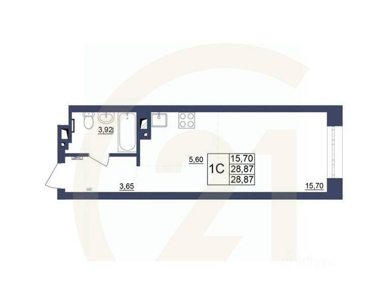 1-комн, 28,87 м²в ЖК «Космос»