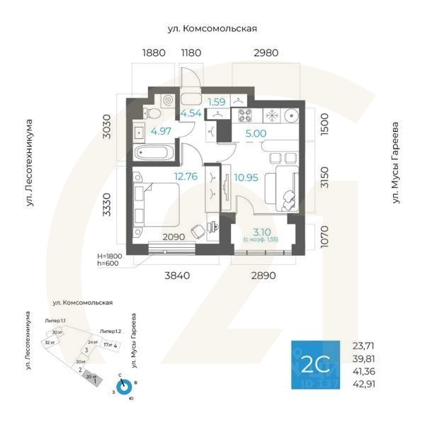 2-комн. квартира, 41,36 м²в ЖК «8 NEBO»