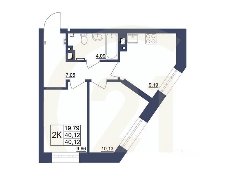 2-комн. квартира, 39,96 м²в ЖК «Космос»